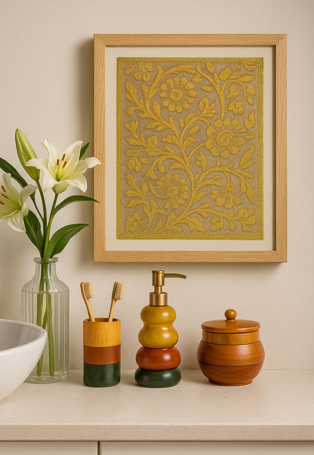 Banaras silk wall hanging and channaptna toy inspired bathroom accessories Banaras silk saree reimagined as a wall hanging in the bathroom for decor. The setting shows channapatna toys inspired bathroom utilities like toothbrush holder, soap dispenser and storage jar sitting and blending elegently in a European bathroom