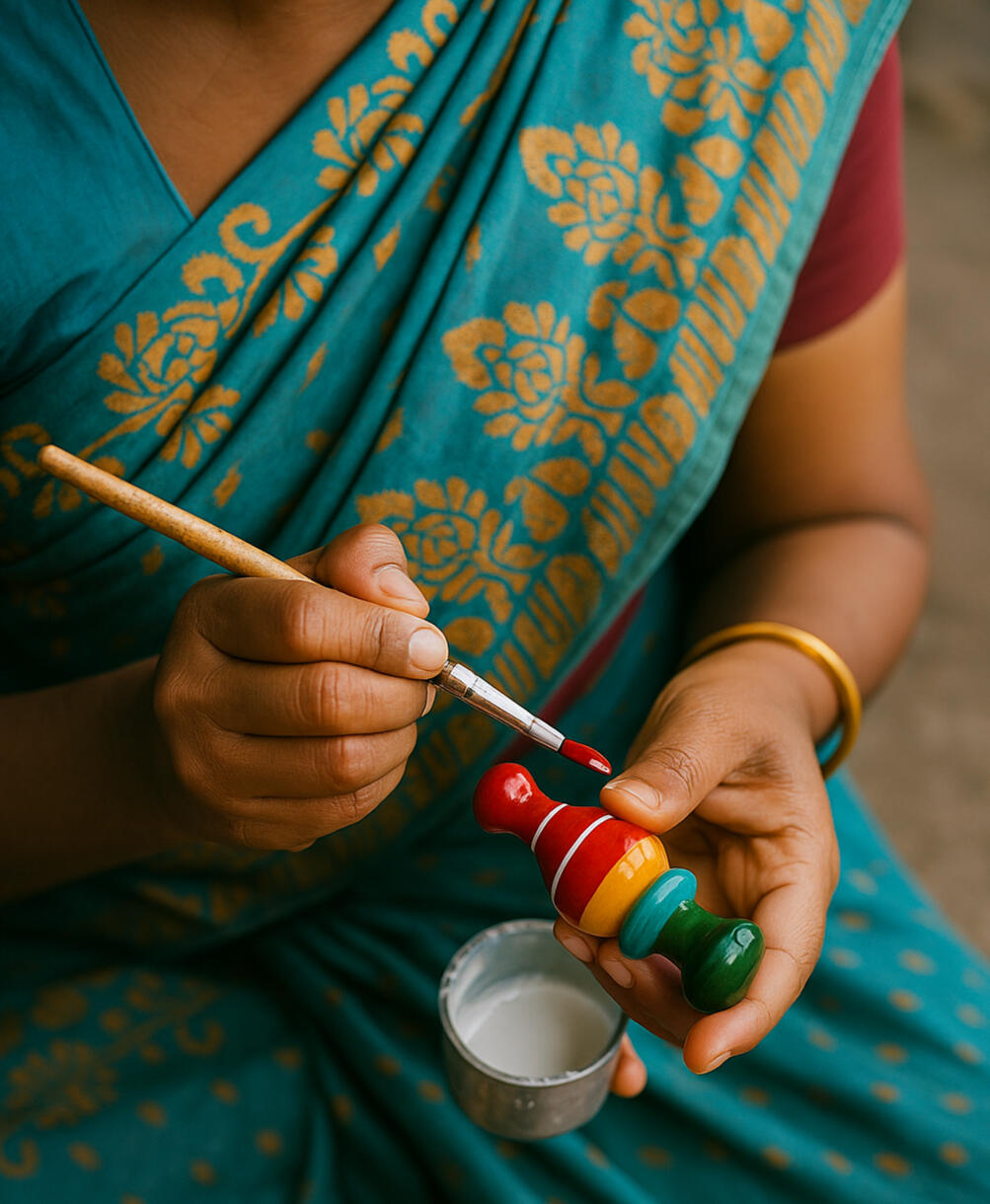 Crafted by hand A channapatna toy being hand-painted by the artisan using natural, eco-friendly color dye