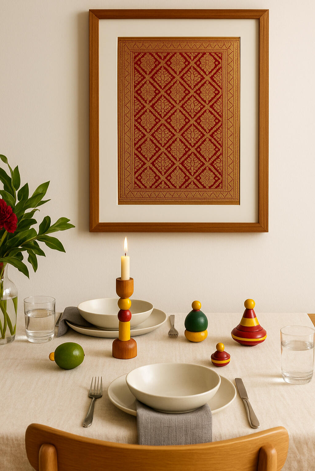 Banaras silk wall hanging and channapatna toy inspired dining utilities Banaras silk saree reimagined as a wall hanging in the dining room for decor. The setting shows channapatna toys inspired dining utilities like candle holder, salt-pepper shakers and storage bowls sitting and blending elegently on a European dining table